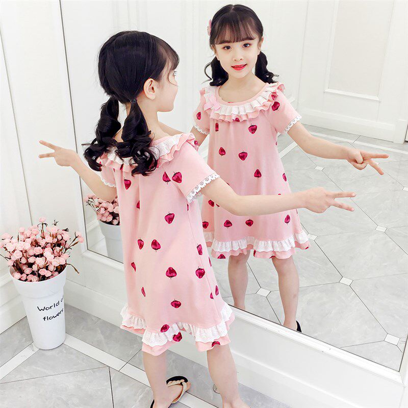 女童睡裙睡衣夏季薄款短袖纯棉公主儿童小孩花边中大童空调家居服