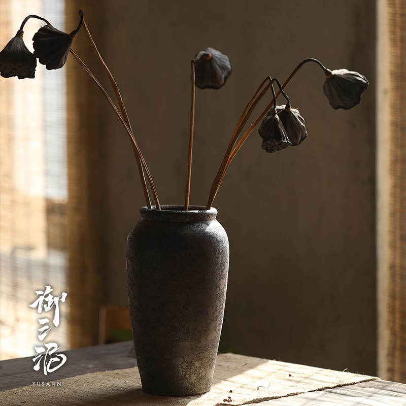 手工粗陶台面可水培花插花装饰摆件陶罐子干花小花盆花瓶禅意客厅