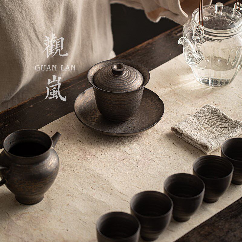 观岚鎏金铁锈釉粗陶三才盖碗手工陶瓷手抓茶杯防烫功夫茶具泡茶器