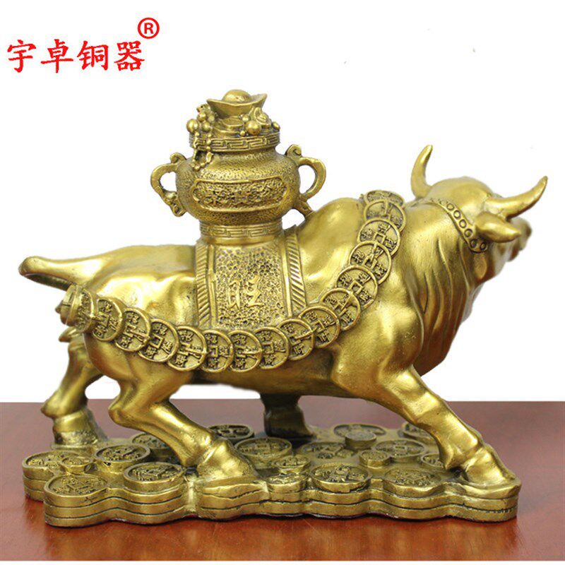 宇卓铜器牛驮聚宝盆 踩铜钱牛工艺品摆件 纯铜牛黄铜牛