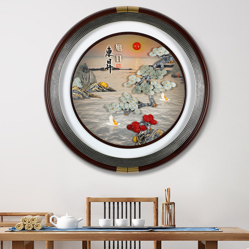 圆形新中式沙发背景墙玉石装饰画入户玄关走廊过道玉雕led灯挂画