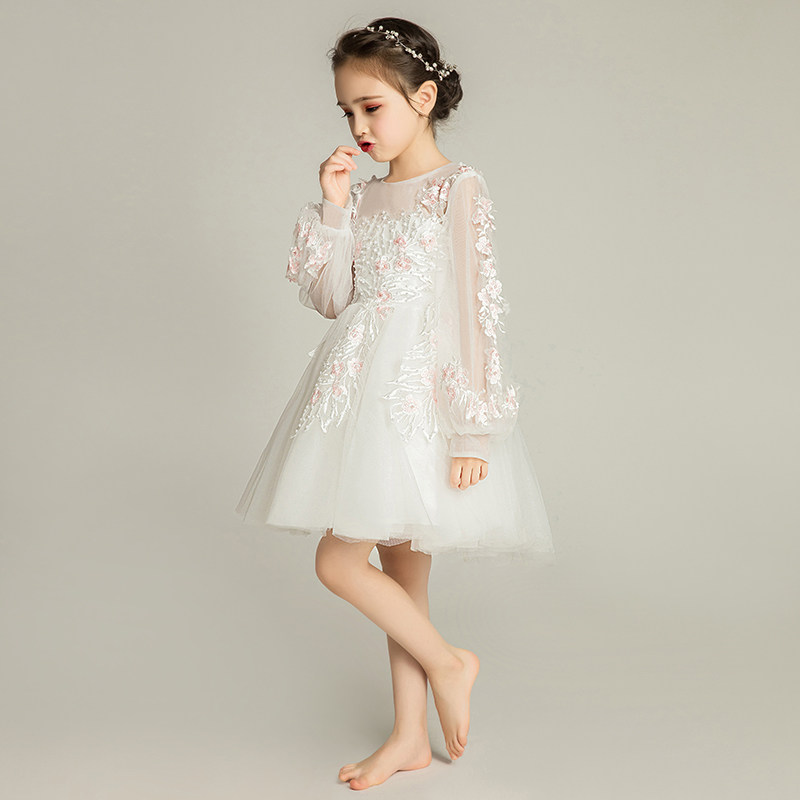 女童晚礼服公主裙长袖儿童婚纱裙子小花童模特走秀钢琴表演服秋冬
