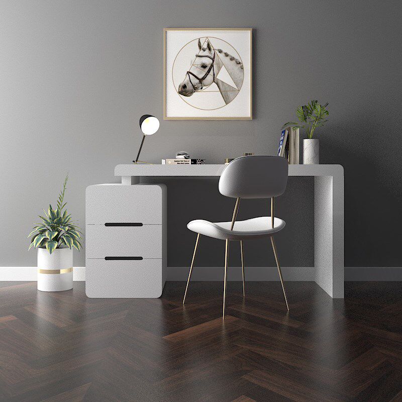 雪白色亮光烤漆北欧简约台式家用一体书桌写字台电脑桌可定制尺寸