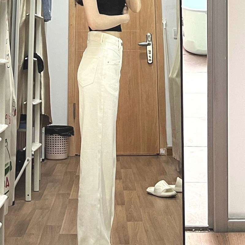 白色窄版阔腿直筒牛仔裤女春季新款高腰宽松显瘦小个子垂感拖地
