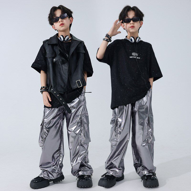 六一街舞演出服儿童嘻哈机车皮衣马甲套装hiphop银色裤子夏季2024