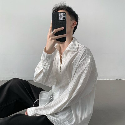 高级感白色褶皱质感抽绳长袖衬衫设计感宽松特殊纹理衬衣男女