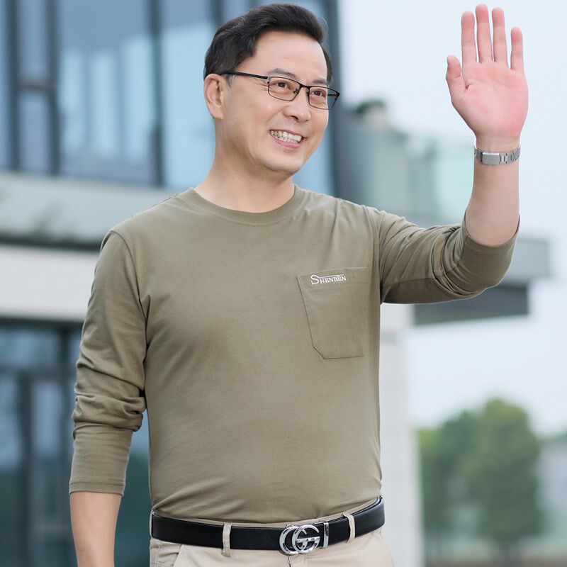 夏季薄款爸爸装长袖T恤纯棉圆领宽松中老年男士上衣爷爷打底衫