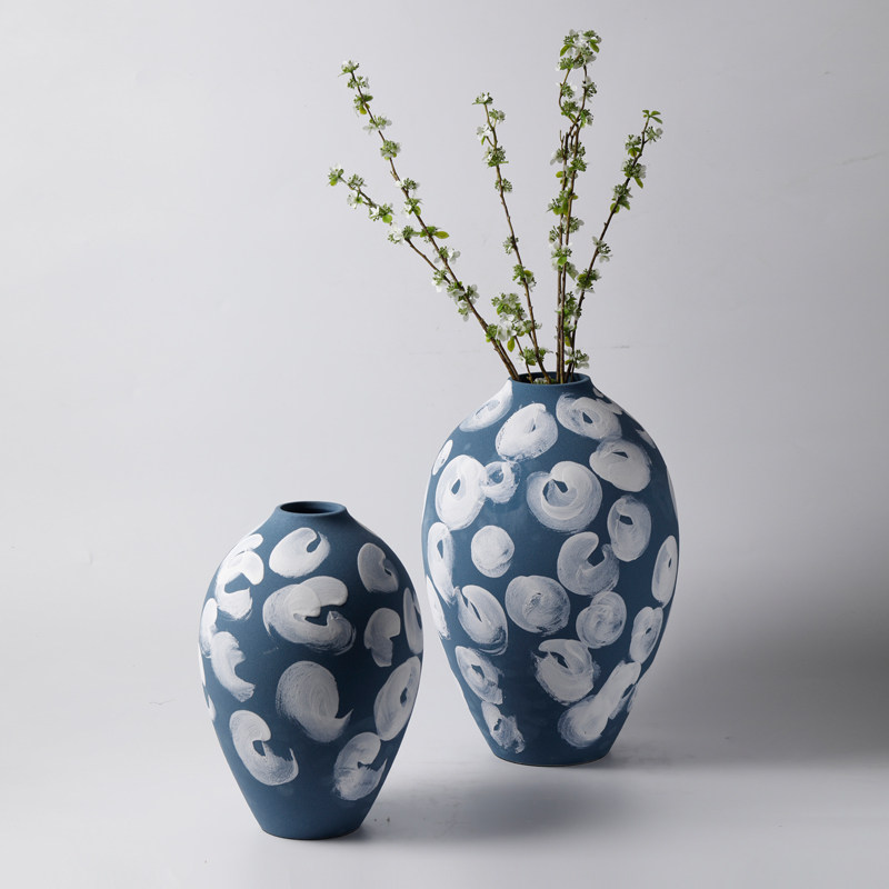 中式侘寂风手工陶瓷花瓶日式风蓝色花器插花样板房间客厅餐桌摆件