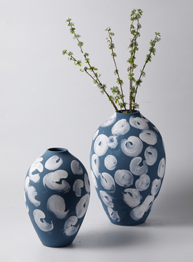 中式侘寂风手工陶瓷花瓶日式风蓝色花器插花样板房间客厅餐桌摆件