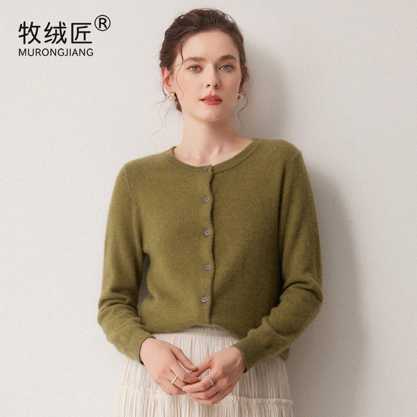 牧绒匠 软糯亲肤~100%纯山羊绒衫女 圆领开衫 羊毛衫秋冬打底毛衣