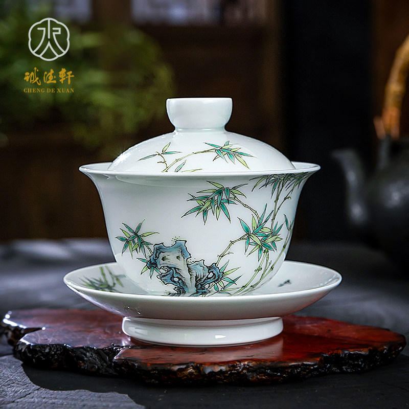诚德轩陶瓷三才盖碗茶杯防烫茶具单个手绘泡茶碗竹报平安大号茶碗