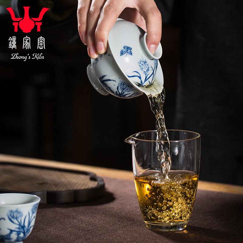 钟家窑功夫茶具景德镇柴窑青花手绘水仙花泡茶具套装个人家用茶具