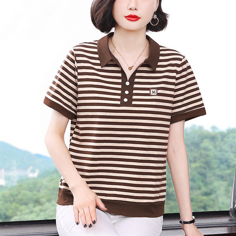 中老年妈妈夏装纯棉有领短袖t恤女宽松条纹翻领上衣服洋气POLO衫