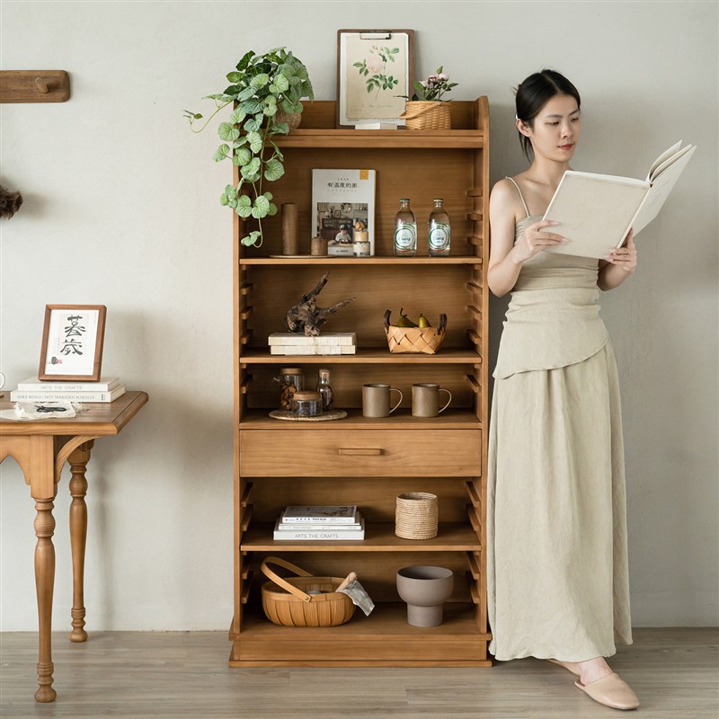 润家家居实木收纳柜可活动层板展示柜原木风民宿储物柜落地书柜