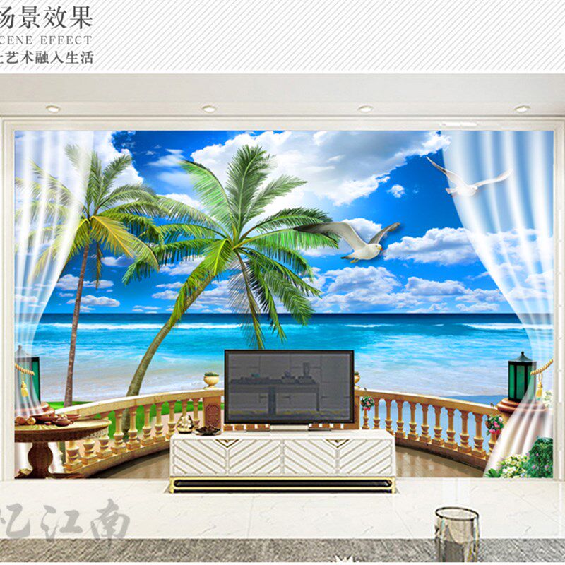 美景风光山水海滩海景自粘3D墙贴客厅电视沙发背景墙壁画沙滩贴纸