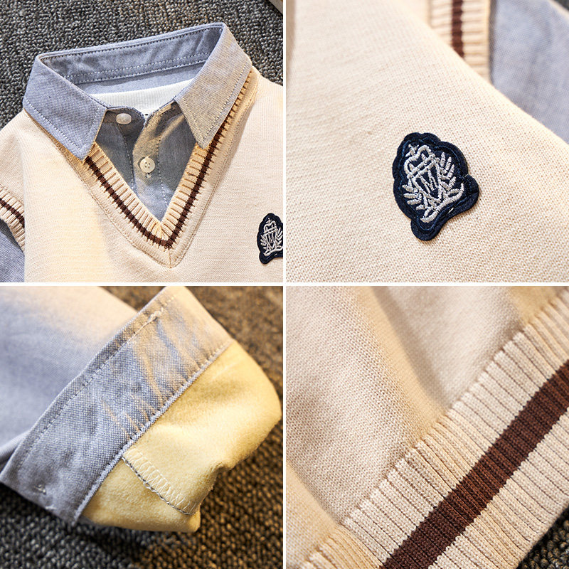 男童衬衫领假两件毛衣儿童秋冬款2022秋装新款男孩纯棉马甲针织衫