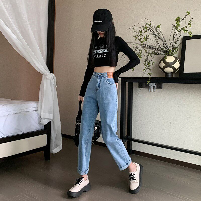 春秋款高腰牛仔裤女大码胖mm弹力宽松直筒哈伦2023新款浅色长裤子