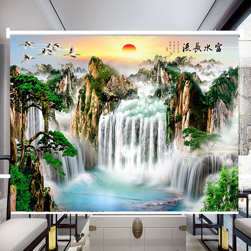 卷帘新中式山水画遮光窗帘办公室客厅卧室背景手拉式风景挂画定制