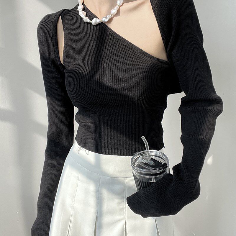 法式复古性感斜肩吊带背心女秋修身显瘦短款叠穿长袖针织衫两件套