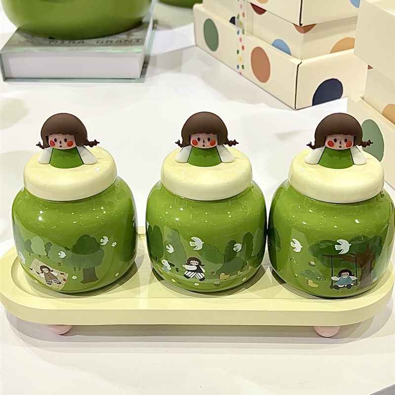 可爱家用调味料罐绿色装盐味精辣椒配料的罐子套装厨房佐料收纳罐