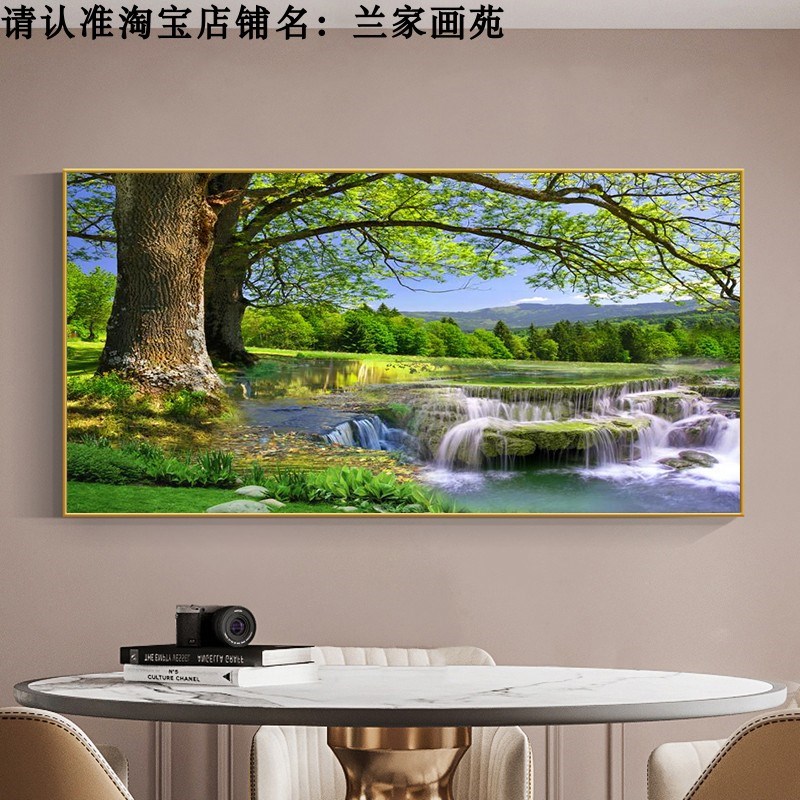 网红客厅沙发墙花鸟风景树装绿饰画色大树晶瓷画阳树光林森林麋鹿