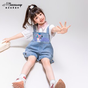 大象魔术师浅蓝色女童背带裤子2024夏季新款宽松阔腿牛仔短裤薄款