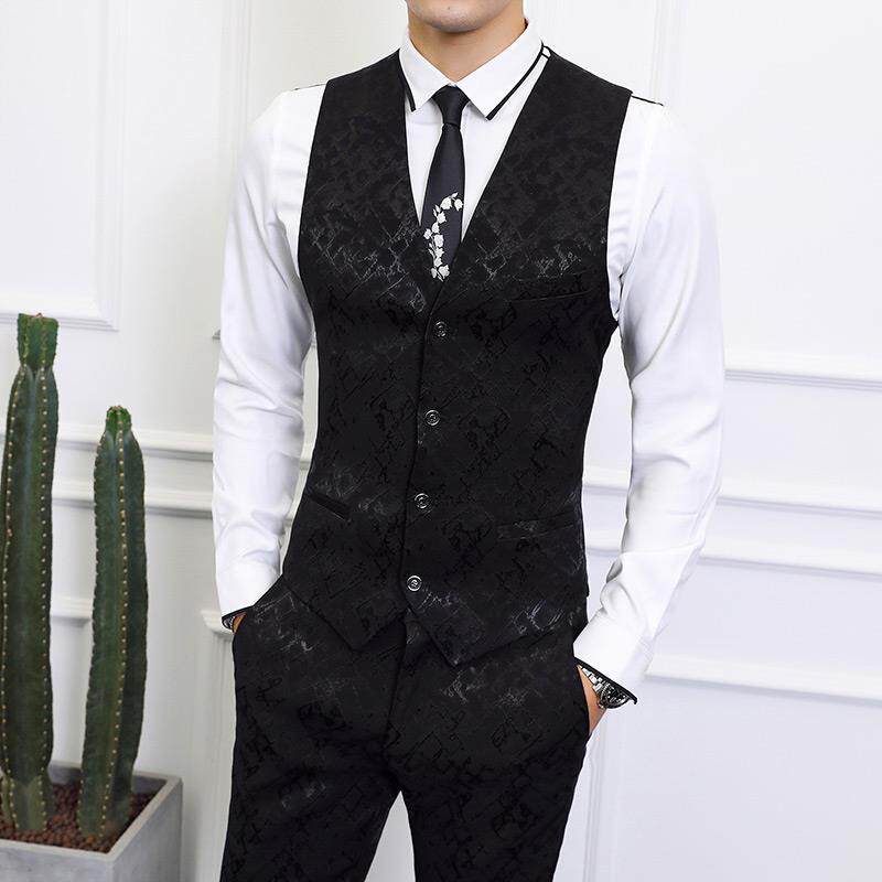 英伦个性暗花纹西装马甲男士修身商务外套主持礼服发型师碎花马夹