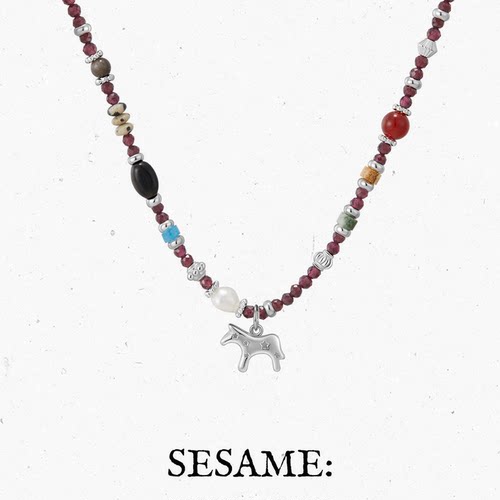 SESAME能量石混珠银色小马项链