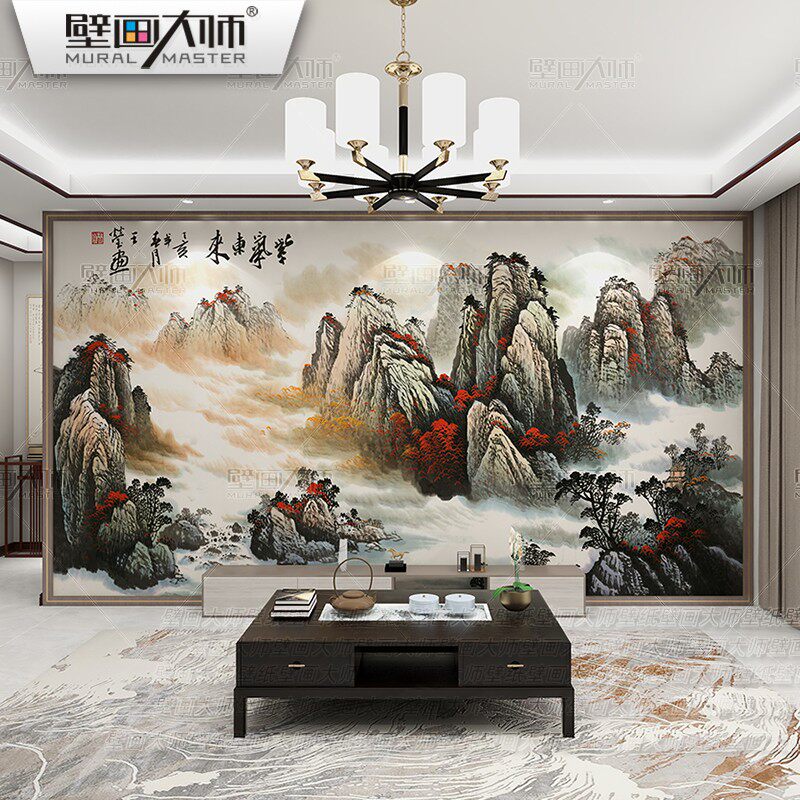 国画山水壁布新中式电视背景墙壁纸客厅影视墙布大气招财装饰壁画
