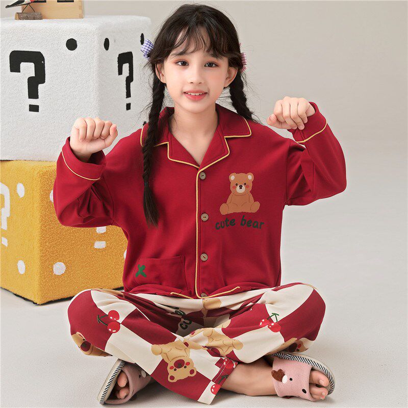 儿童睡衣女童春秋季长袖纯棉小女孩中大童格子红色家居服女生套装