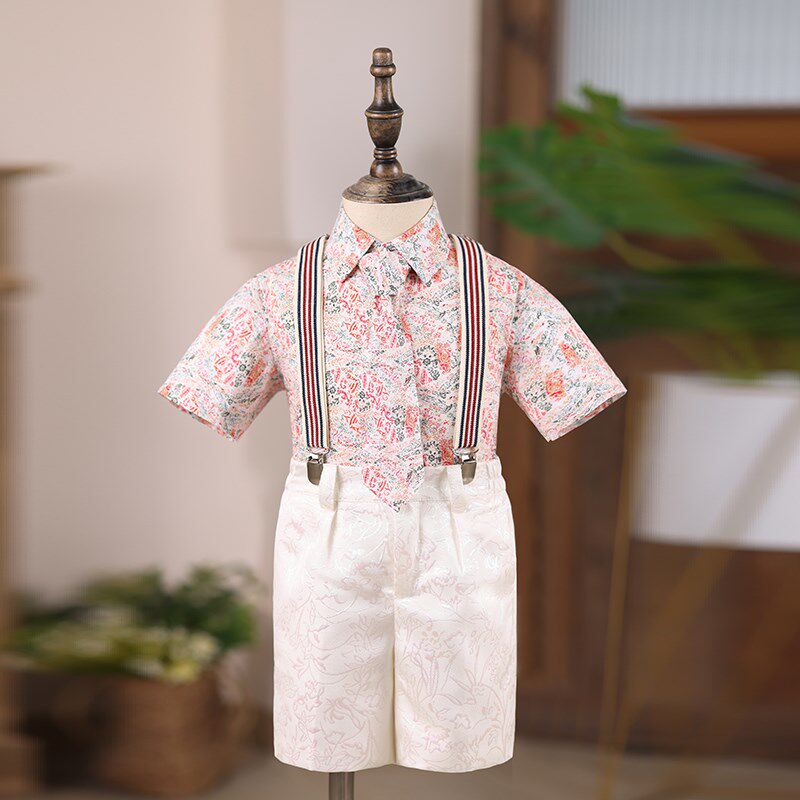 男童礼服短袖夏季儿童主持人花童马甲西装套装走秀钢琴演出服白色