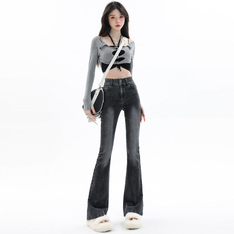 美式覆古烟灰色微喇牛仔裤女秋冬高腰弹力辣妹马蹄覆古蓝色喇叭裤