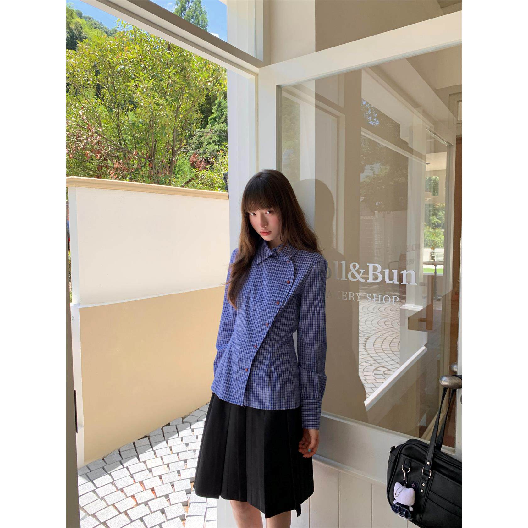东京岁时记jk黑色半裙基础款百搭小个子中长裙学院风蓝格衬衫套装