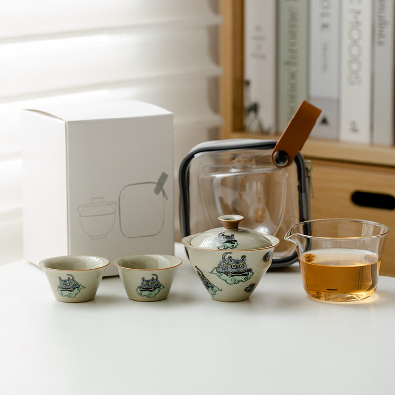 且来如虎添翼玻璃旅行茶具套装户外泡茶便携式陶瓷快客杯一壶两杯