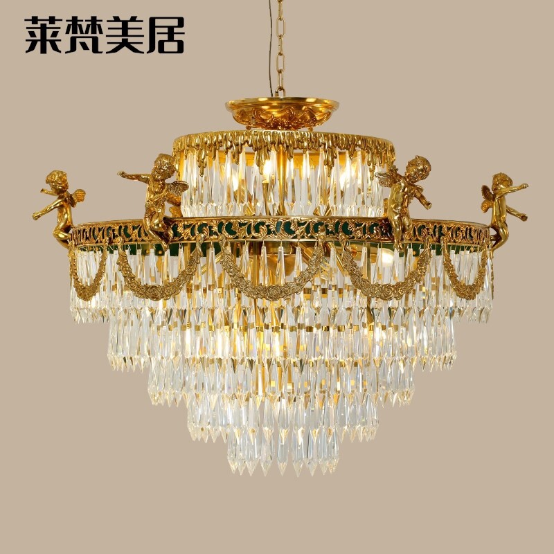 莱梵美居法式复古脱蜡全铜天使吸顶灯欧式宫廷别墅奢华水晶餐厅卧