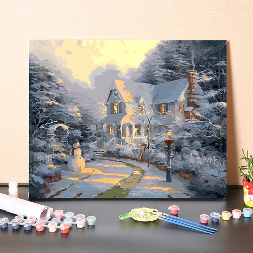 数字油画diy填充解闷手工填色森林山川小屋冬天雪景丙烯油彩画画