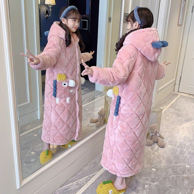 儿童睡袍睡衣冬季加厚款三层夹棉女童小孩珊瑚绒浴袍法兰绒家居服