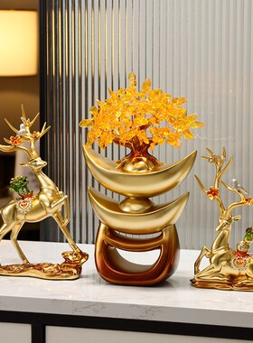新中式祥云吉鹿发财树桌面招财摆件客厅酒柜装饰品乔迁开业礼品