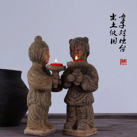 古代老烛台仿古做旧出土油灯盏 复古陶俑蜡烛台成对 摄影装饰摆件