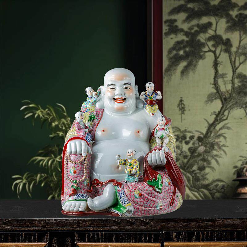 景德镇陶瓷手工雕刻绘画五子登科佛笑口弥勒佛多子佛客厅供奉摆件