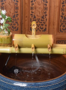 陶瓷养鱼缸过滤器系统竹筒循环流水增氧瓷缸石槽喷泉造景特色摆件