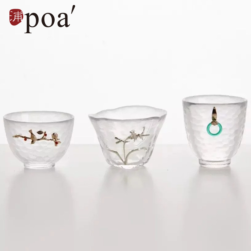浦poa蜂鸟款中国风镶银玻璃杯手工锤纹茶杯品茗杯主人杯茶具