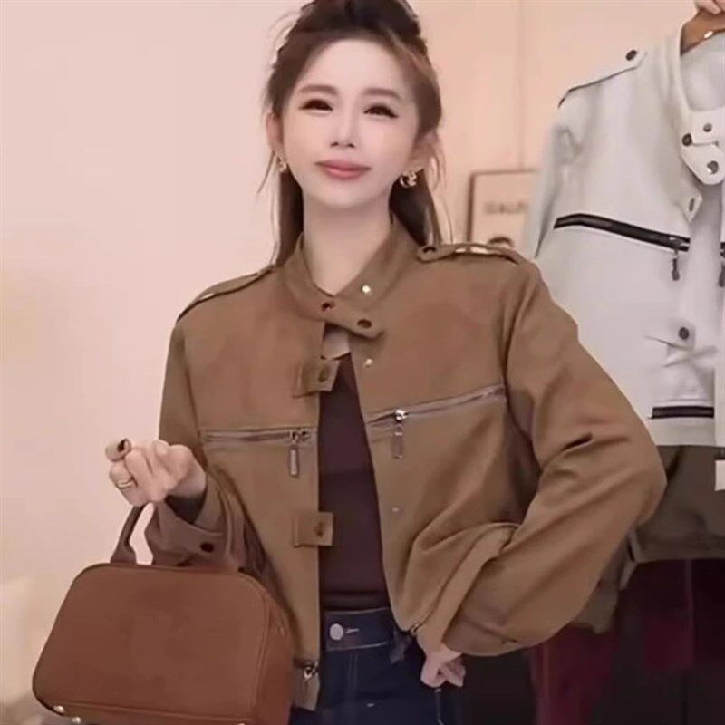 高级感短款麂皮绒立领夹克外套女2024秋复古小个子机车夹克上衣女
