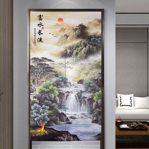 流水生财中式山水画门帘卧室厨房隔断帘客厅卫生间遮挡魔术贴挂帘