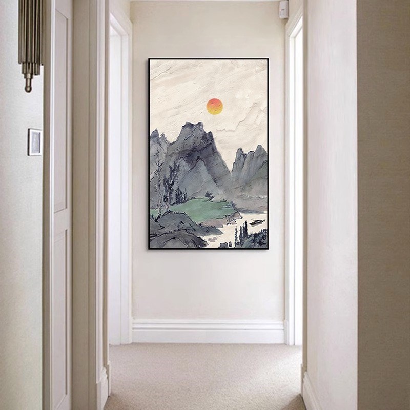 日出东方新中式肌理纯手绘油画客厅山水风景玄关餐厅装饰画挂画