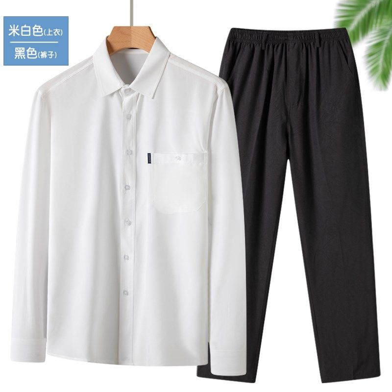 春装爸爸衬衣休闲两件套衣服中老年人夏季薄款长袖衬衫男老人套装