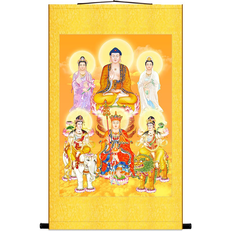 六圣图 释迦牟尼佛地藏王文殊普贤大势至观音菩萨佛像画卷轴画