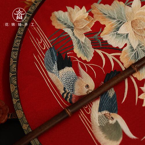 花锦城手工双面苏绣团扇结婚喜扇传统扇子中国风礼品鸳鸯并蒂