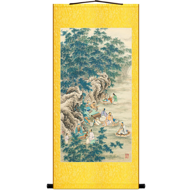 竹林七贤图人物画像 清晰茶酒文化复古装饰字画 绢布卷轴挂画定制