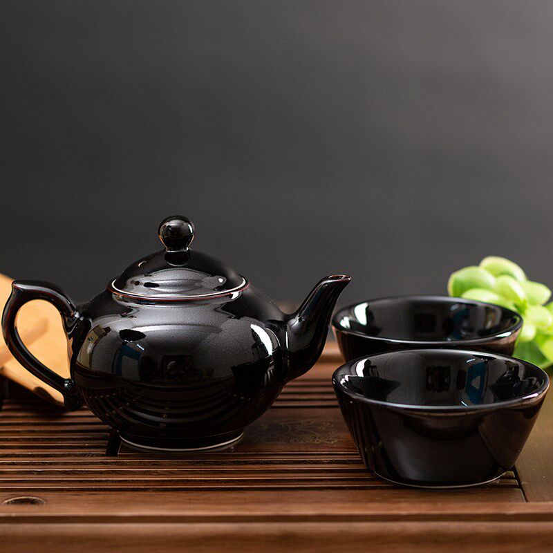 吉安嘉瑞瓷器吉州窑木叶天目盏陶瓷茶具旅行套装简易1壶2杯情侣杯